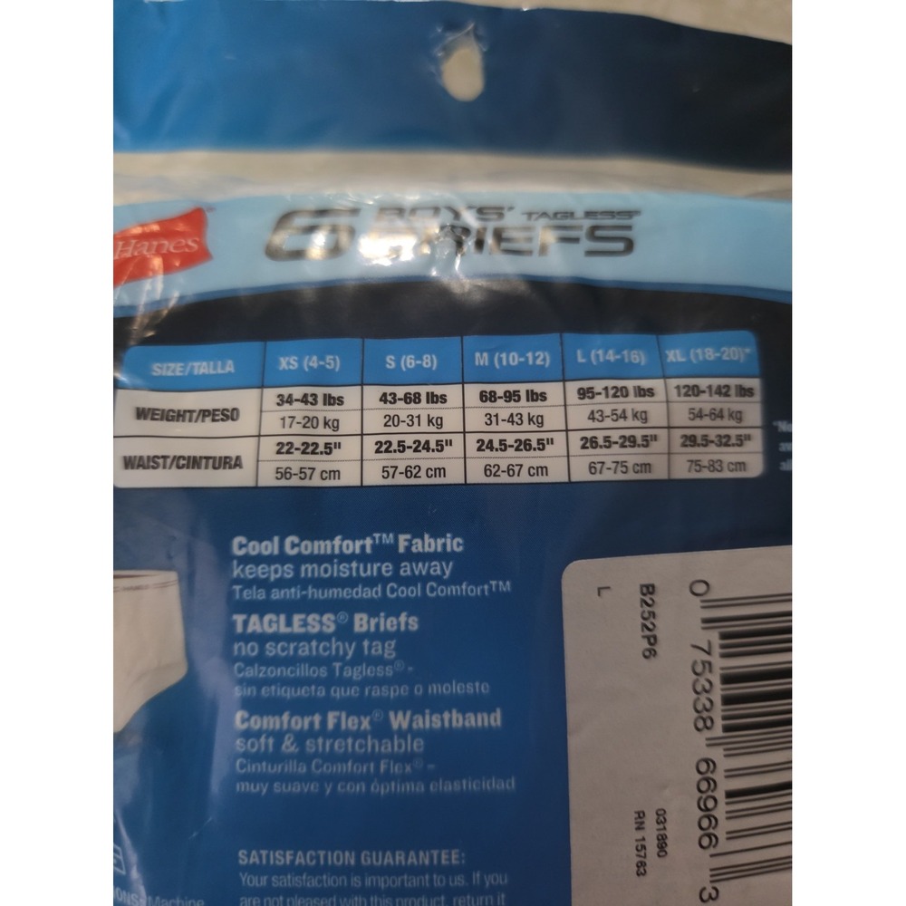 Hanes Boys White Tagless Briefs 6 Pack Size Large 14-16 Cotton Underwear NEW - Picture 5 of 5